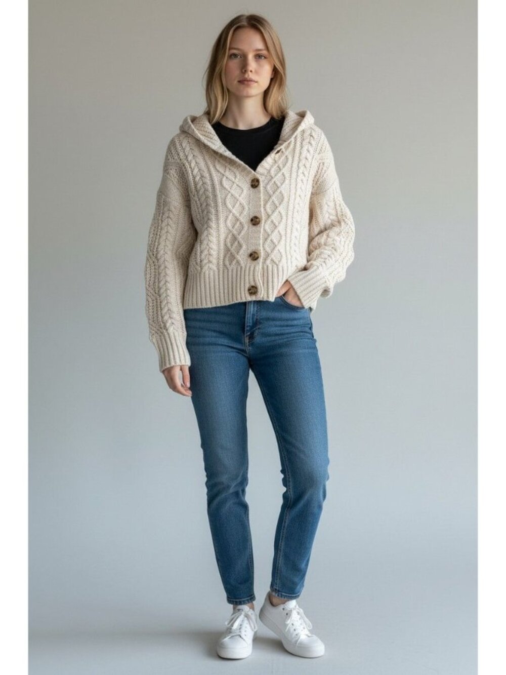 Hazel Moon Womens XL White Cable Knit Button-Up Hooded Cardigan - Cozy & Stylish